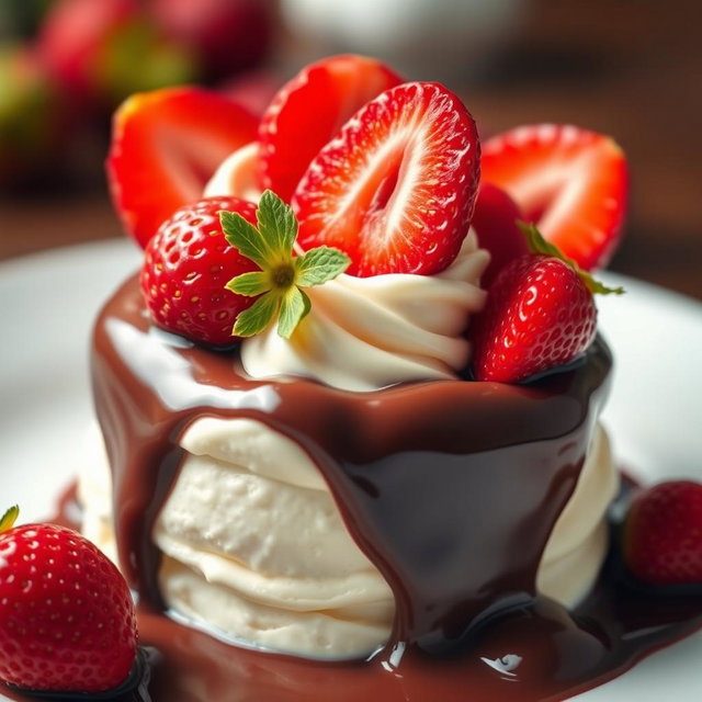 A delicious yogurt ice cream topped with fresh red strawberries, beautifully submerged in rich dark chocolate