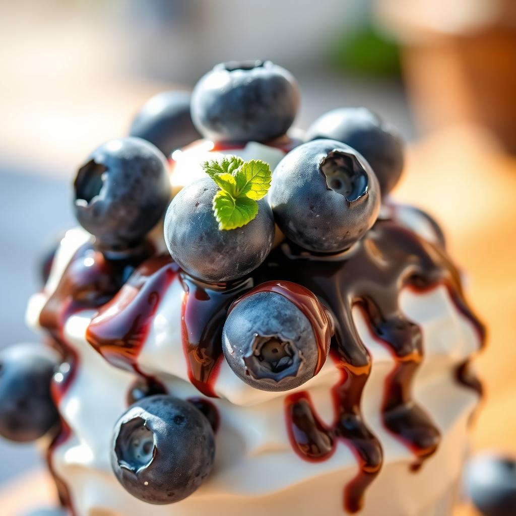 A delicious yogurt ice cream topped with fresh, vibrant blueberries, all drizzled with rich, dark chocolate