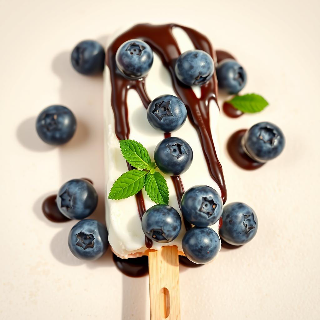 A beautifully arranged yogurt ice cream bar topped with fresh, vibrant blueberries and drizzled with rich dark chocolate, set against a light-colored, textured background to enhance the visual appeal
