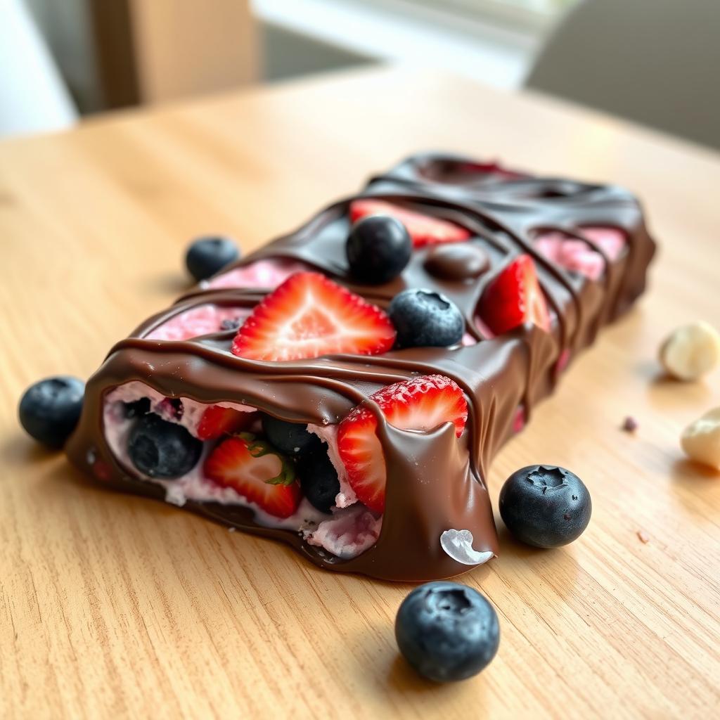 A delicious frozen yogurt bar mixed with fresh berries, particularly blueberries and strawberries, wrapped in a rich dark chocolate coating