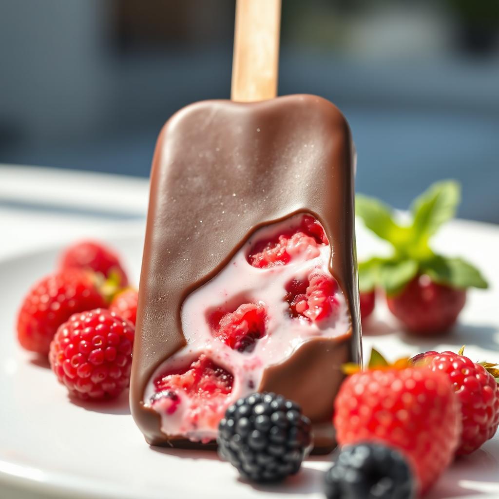 A delicious frozen yogurt bar mixed with vibrant red berries, beautifully coated in rich dark chocolate, with a smooth glossy finish