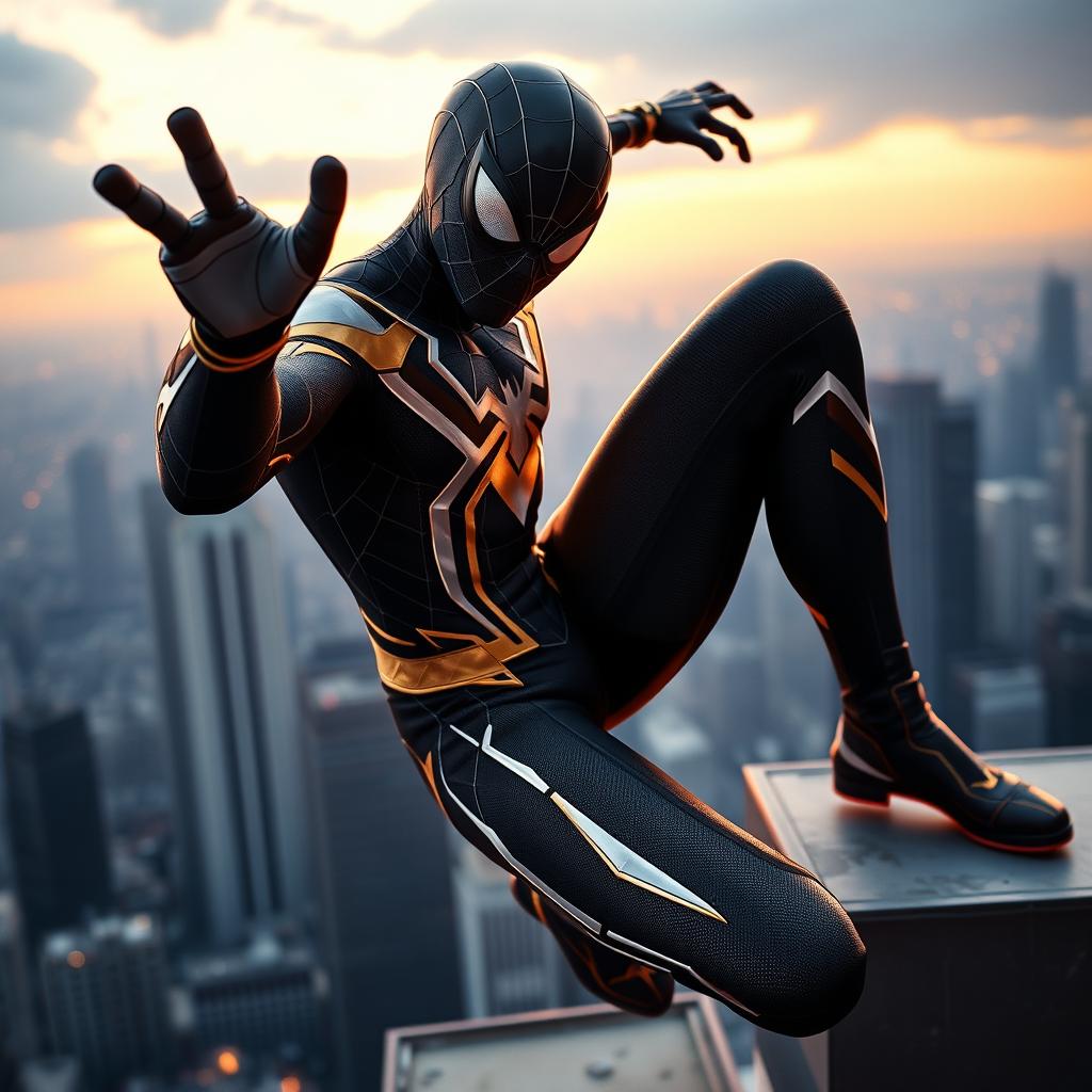 A personalized superhero inspired by Spider-Man, featuring a sleek suit that integrates black, white, and gold nano technology