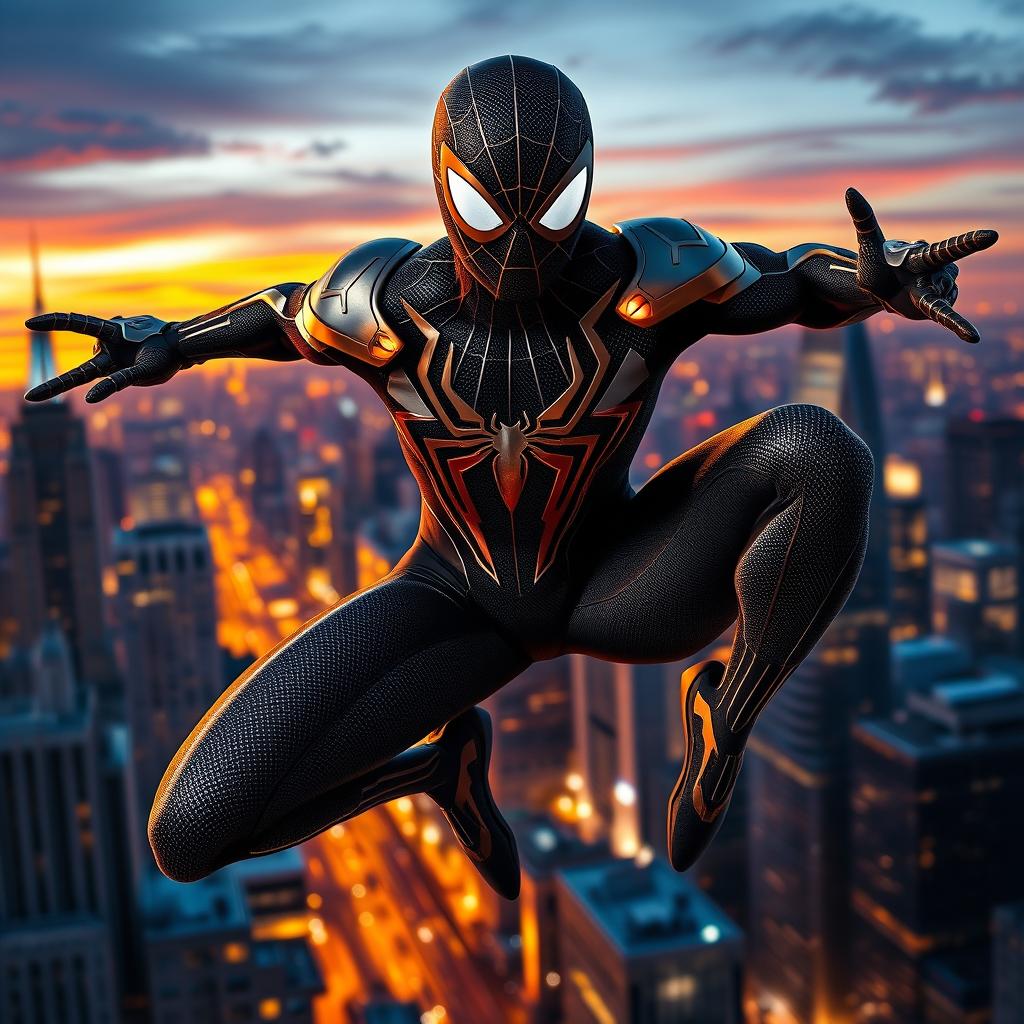 A personalized version of Spider-Man featuring a sleek and futuristic suit that combines black, white, and gold in a stunning nano technology design