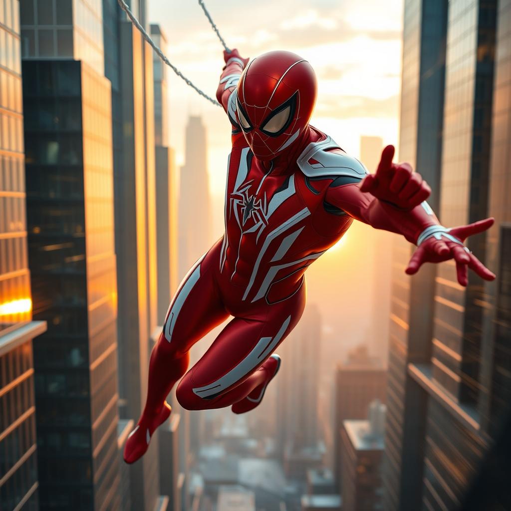 A superhero in a vibrant red and white nano suit, reminiscent of Spider-Man but distinctly different