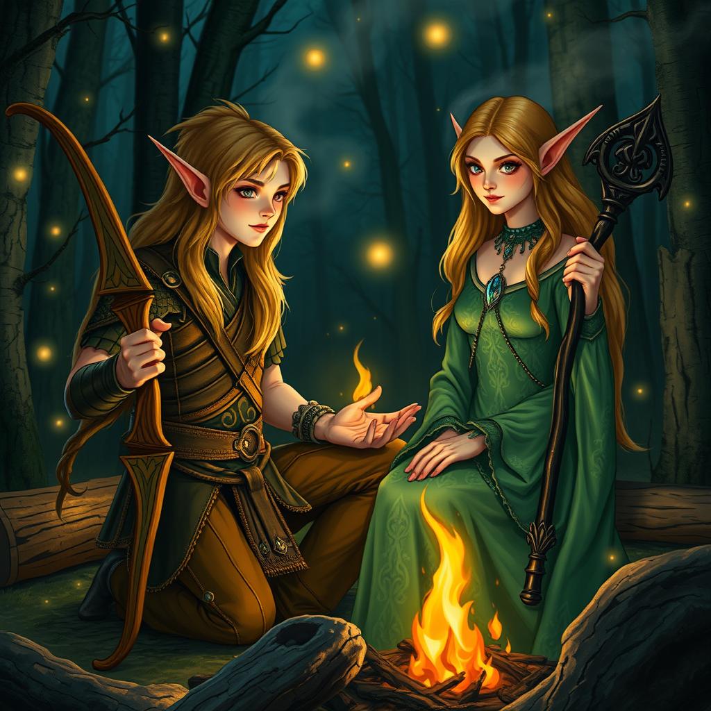 Around a campfire, a detailed scene featuring an elf holding a beautifully crafted bow and an enchanting elven woman dressed in a flowing green gown with intricate patterns
