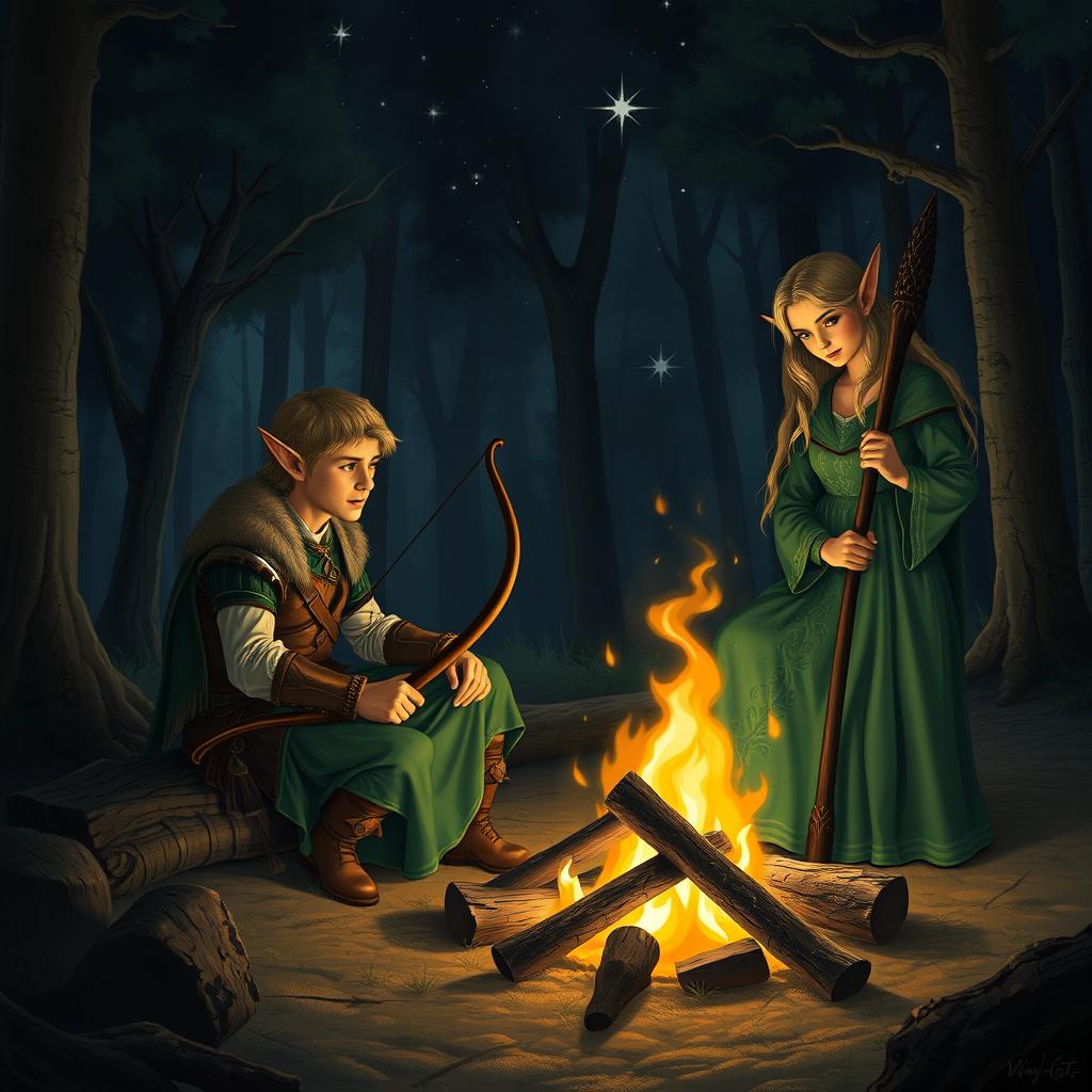 A realistic scene around a campfire featuring an elf sitting with a bow and an elf maiden dressed in a flowing green dress holding a black staff