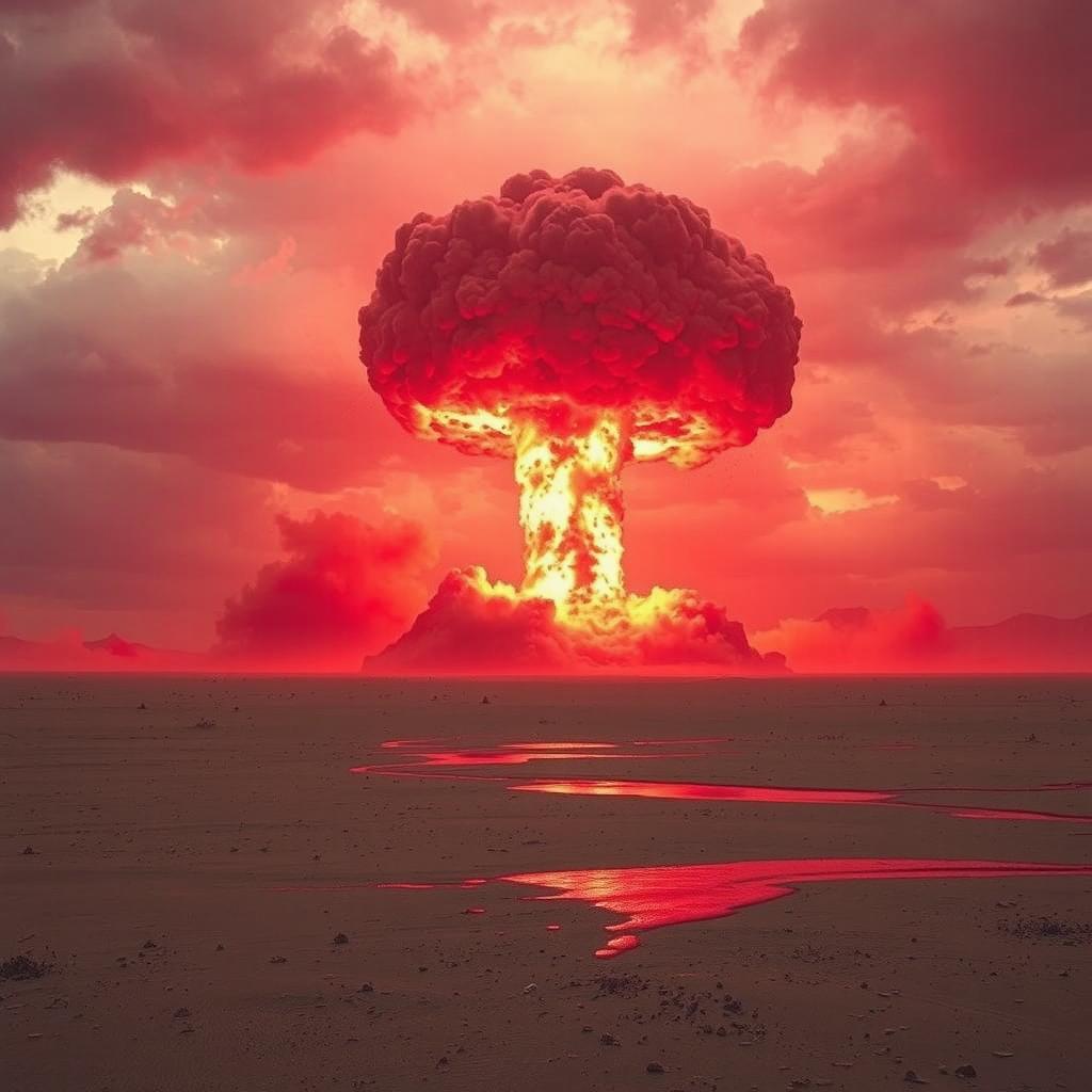 A dramatic and intense scene depicting a nuclear explosion in shades of deep crimson, creating a surreal and apocalyptic atmosphere