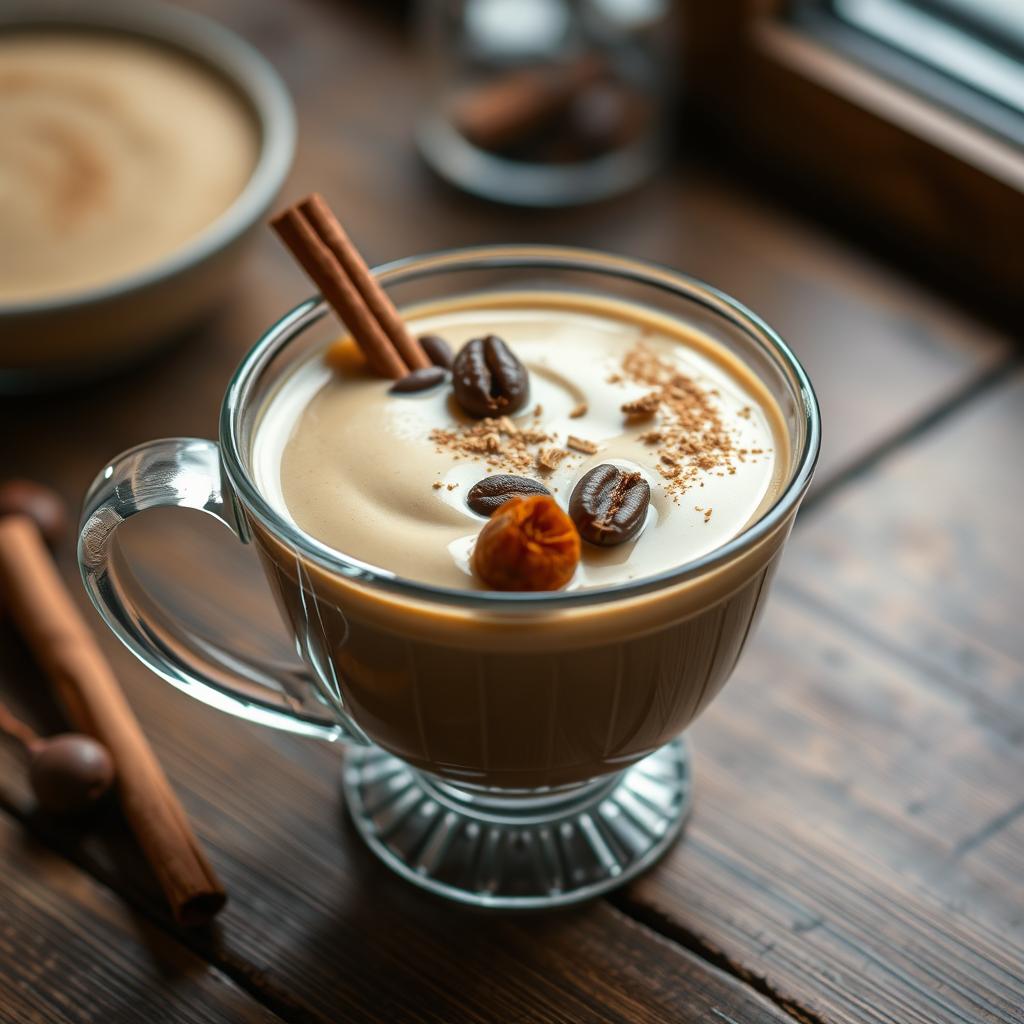 A beautifully presented cup of cappuccino colored muhalabia, topped with pieces of dates and coffee beans
