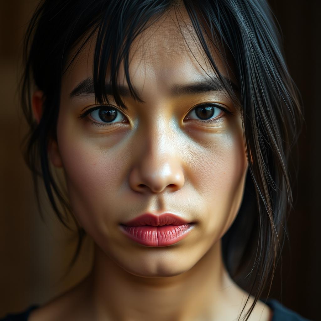 A close-up portrait of an Indonesian woman with a dull facial expression, showcasing her full face in a full frame composition