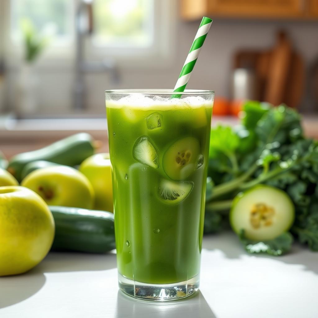A refreshing green juice in a clear glass with ice cubes, surrounded by fresh fruits and vegetables that were used to make it