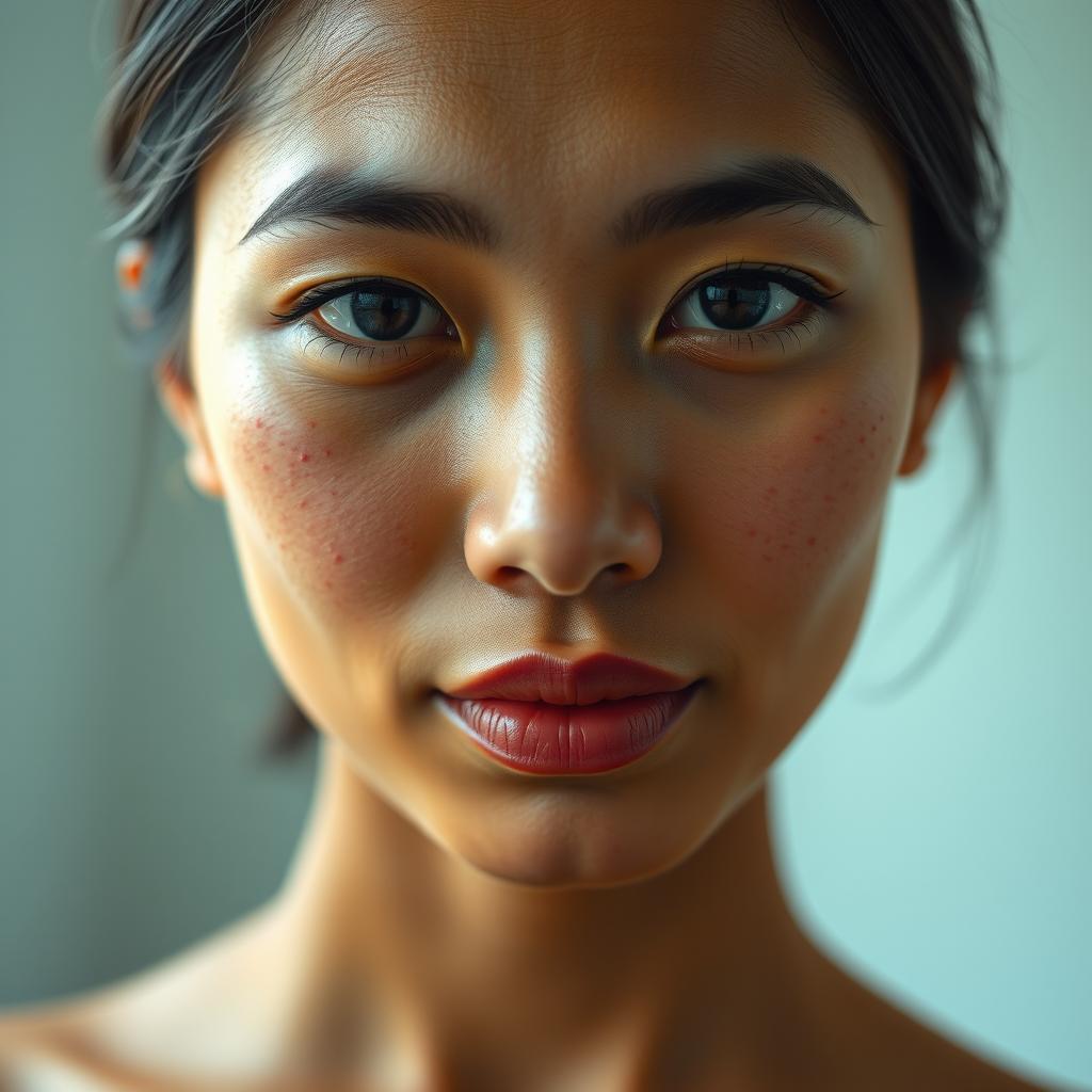 A close-up portrait of an Indonesian woman with acne on her face, showcasing her natural beauty