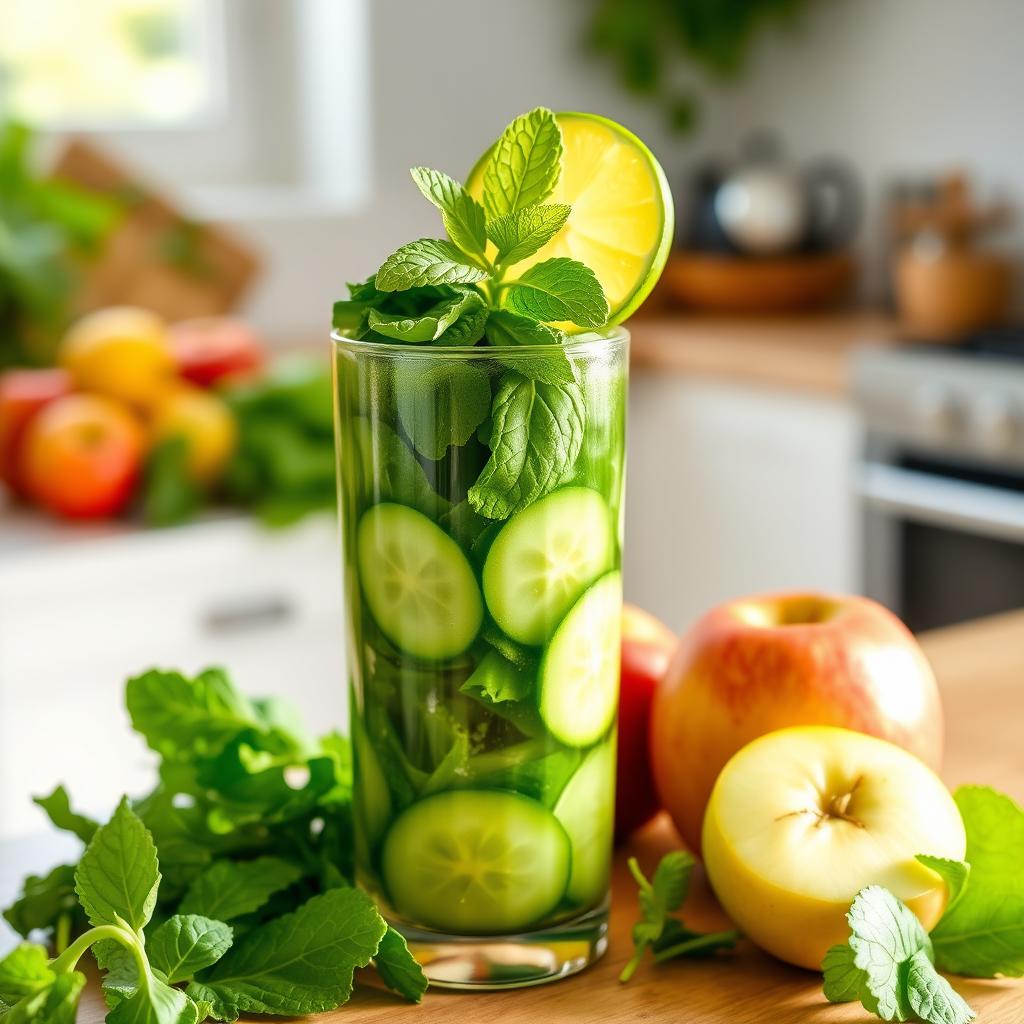 A refreshing green juice filled with vibrant vegetables and fruits, showcasing a rich blend of spinach, kale, cucumbers, and apples