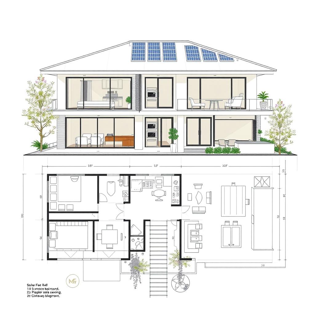 A detailed architectural blueprint of a modern two-story house, showcasing a spacious living room, kitchen, and three bedrooms