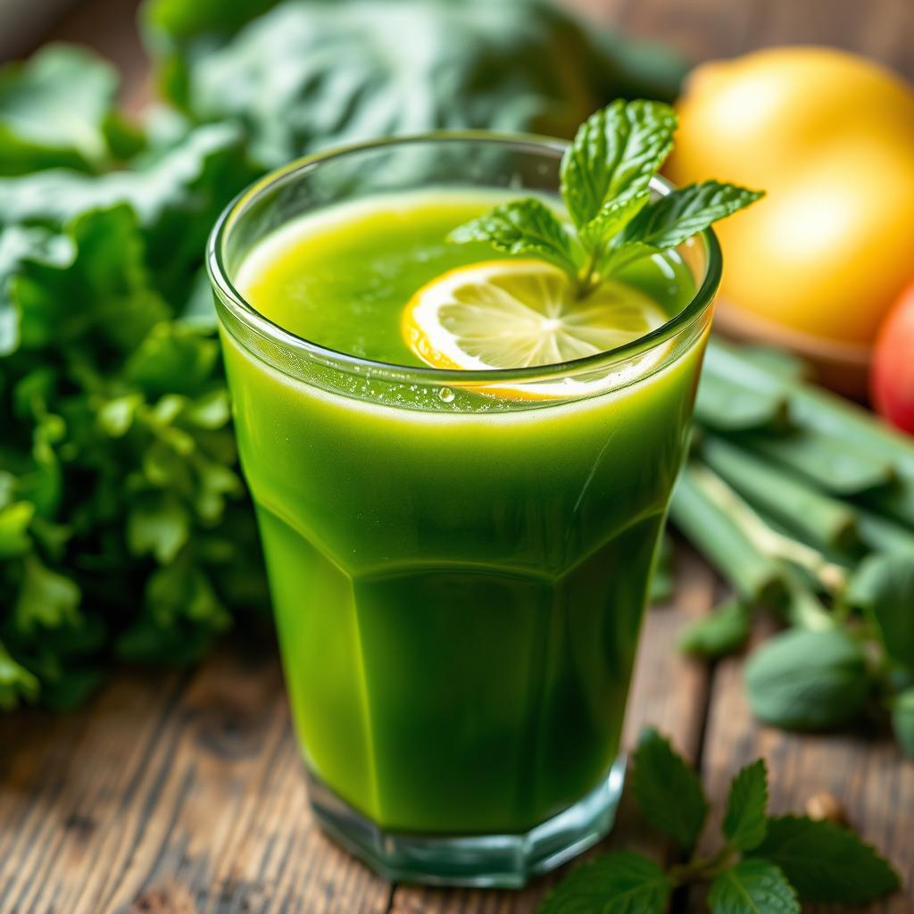 A close-up view of a green juice in a clear glass, filled to the brim with a vibrant and fresh green color, sitting on a rustic wooden table