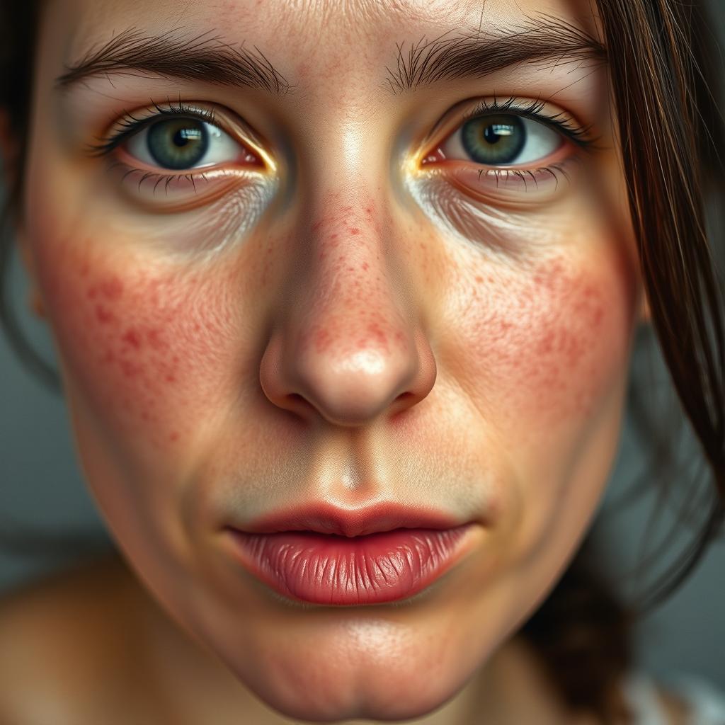 A close-up photo of a woman's face showing her cheeks prominently, with lots of visible acne