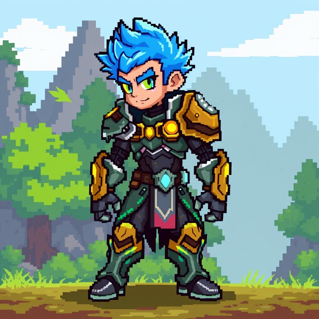 A vibrant pixel art hero character sprite for a retro-style video game