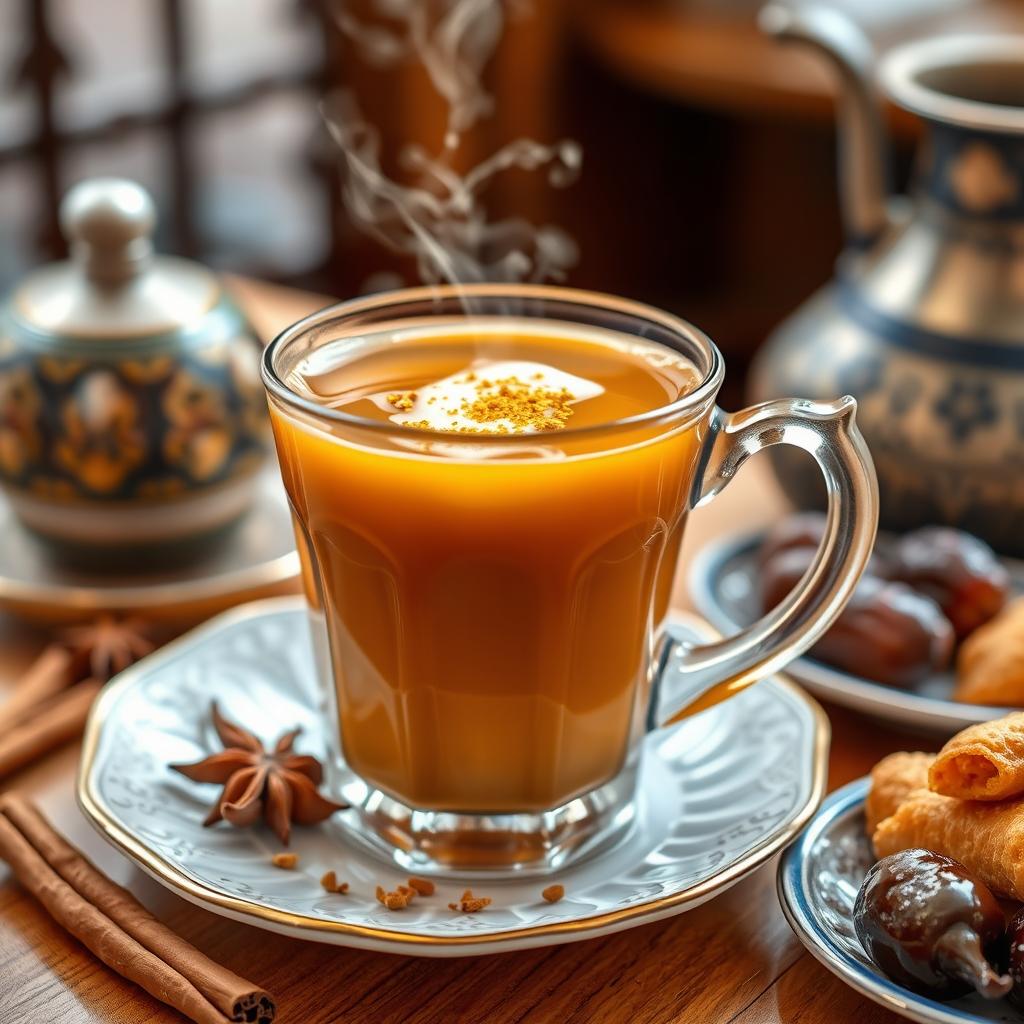 A steaming cup of traditional Karak tea, served in a beautiful glass, with its rich golden-brown color
