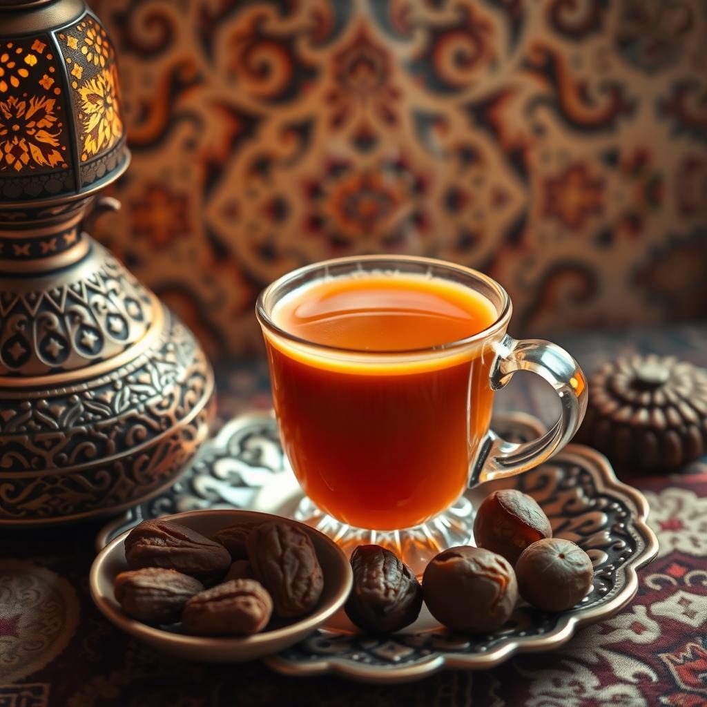 A highly detailed presentation of a traditional Arabic chai karak tea, showcasing a steaming cup of spiced tea with rich, aromatic colors, served with a small plate of dates and surrounded by ornate Arabian decor