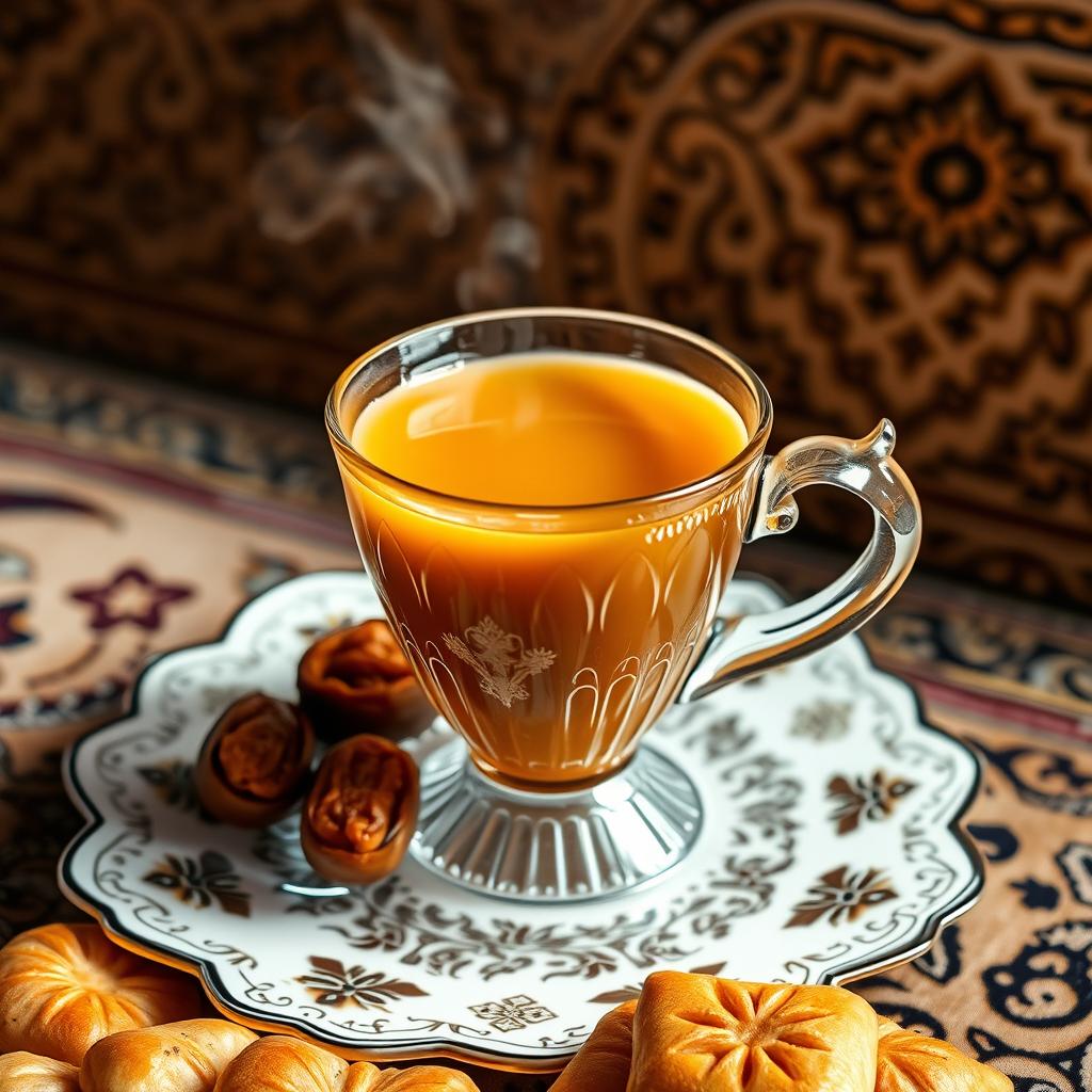 A beautifully arranged cup of Karak tea with milk, showcasing its warm, inviting golden-brown color