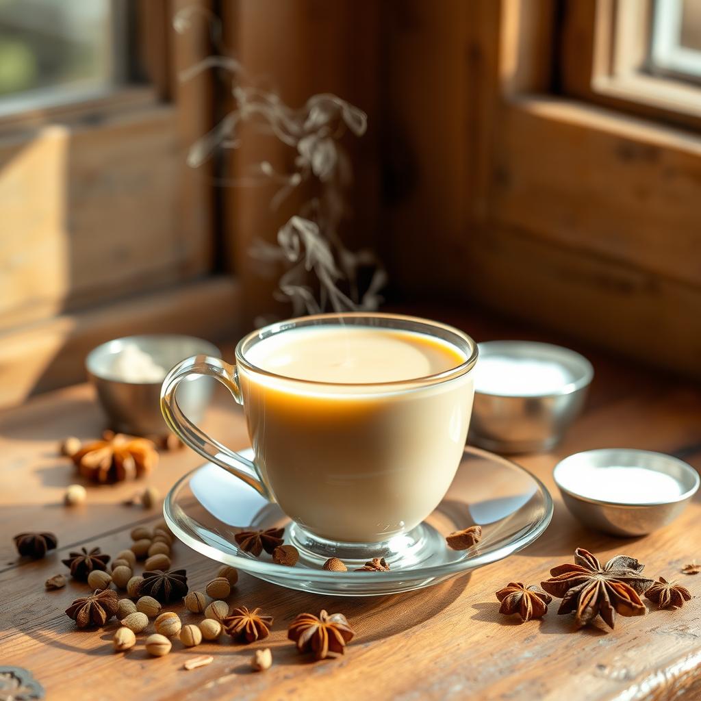A cozy scene of a beautifully arranged cup of tea with milk, delicately flavored with cardamom and anise