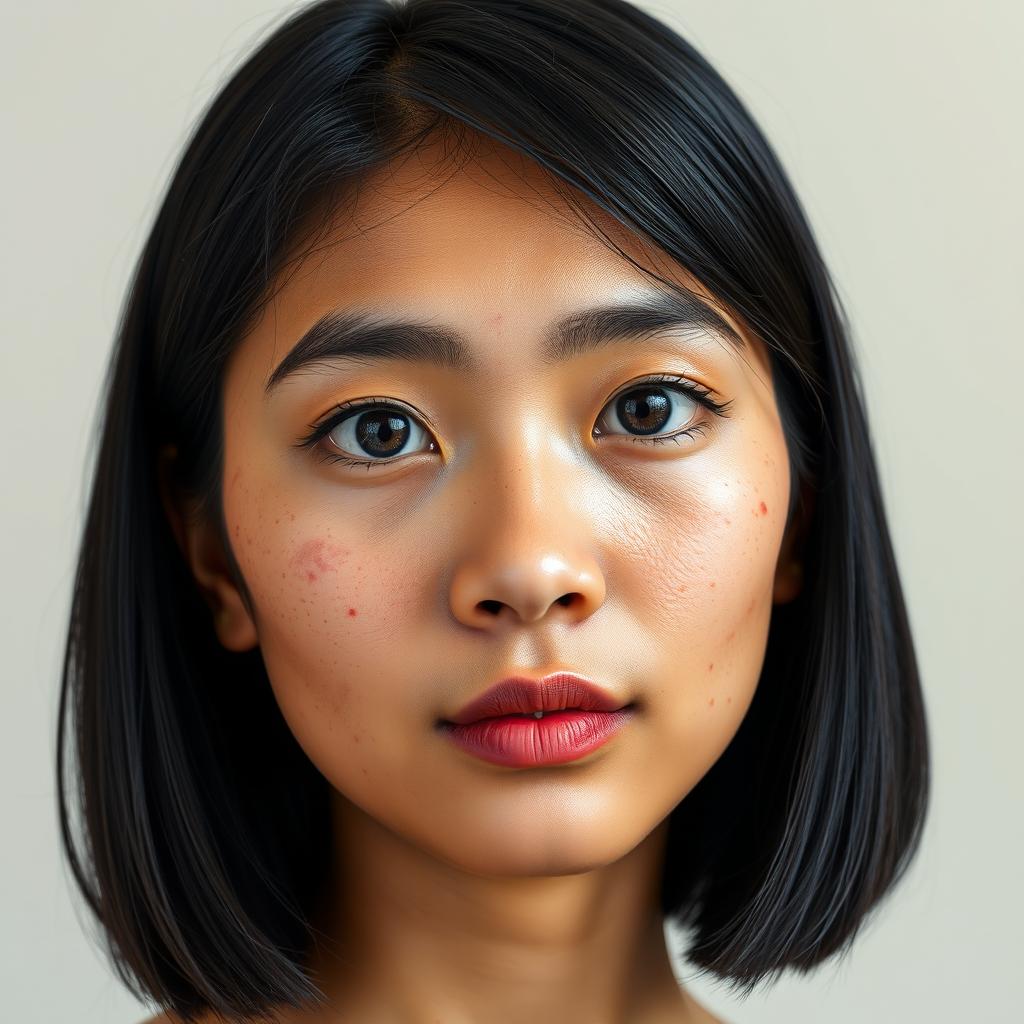 A 20-something Indonesian woman with an oval face, medium brown skin, and shoulder-length straight black hair