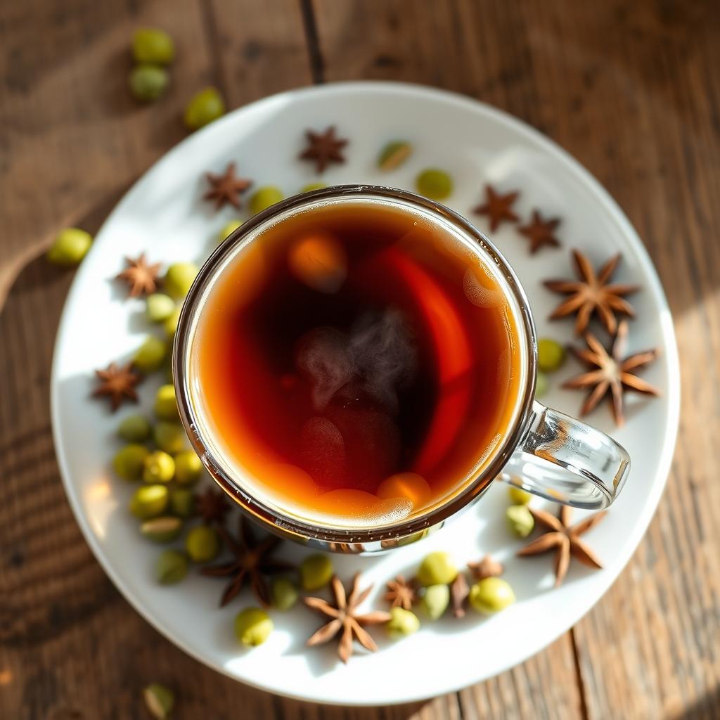A beautifully arranged cup of black tea with milk, garnished with green cardamom pods and anise stars