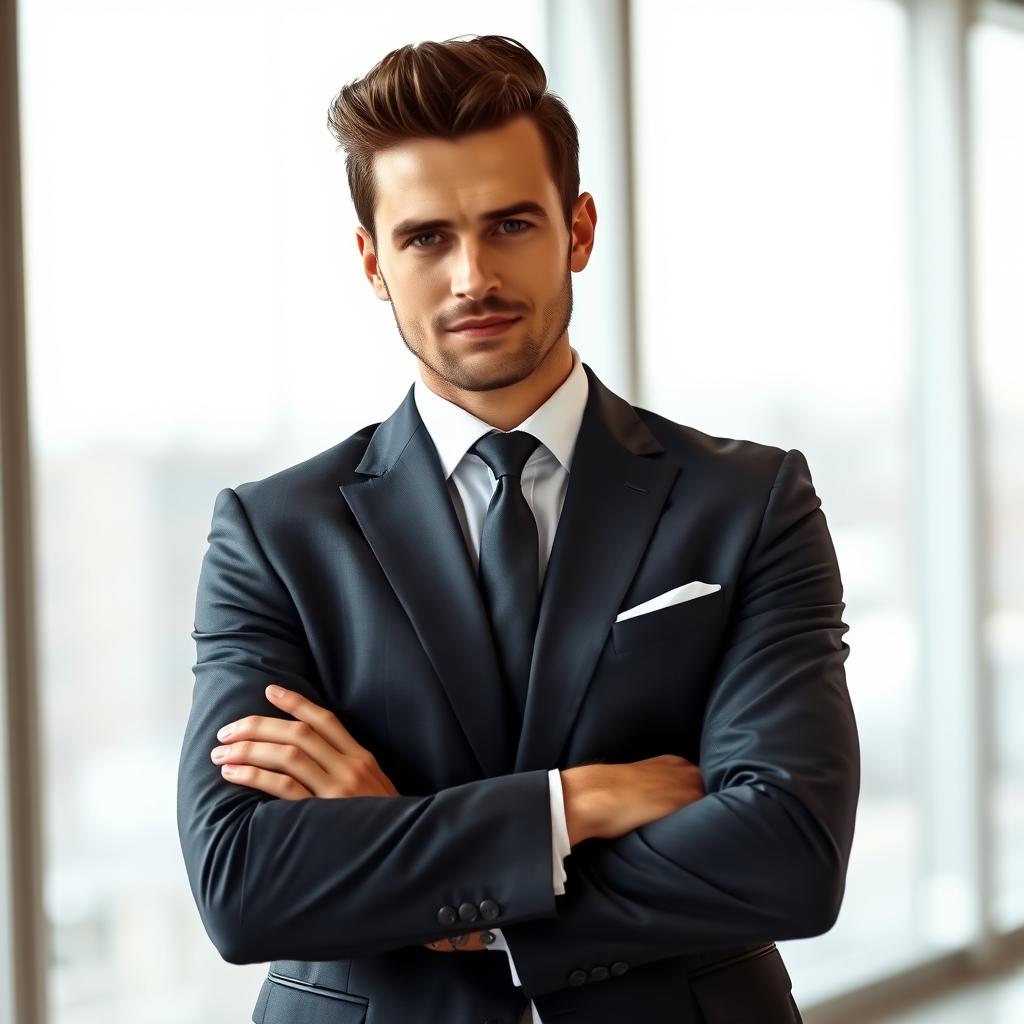 A stylishly dressed man with a confident demeanor, wearing a dark suit, complemented by a sleek black tie