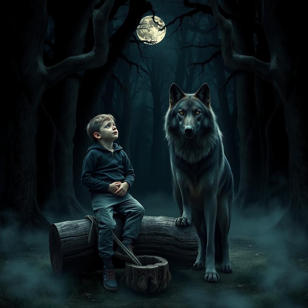In a dark, eerie forest, thick trees loom overhead, casting shadows across a misty ground