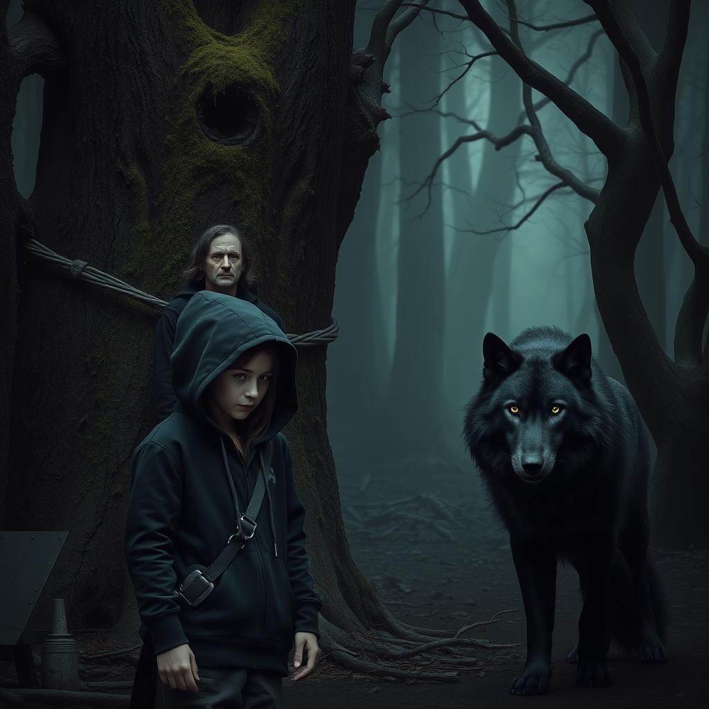 In a dark, eerie forest, a man is tied against a large moss-covered log, showing signs of distress