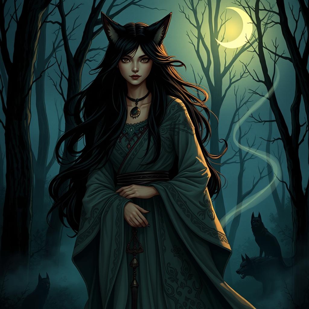A mystical and alluring depiction of La Loba Negra, the Black Wolf Woman, illustrated in a captivating and enchanting style