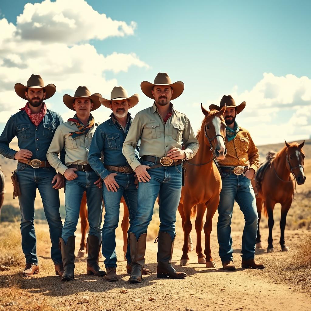 A group of rugged, handsome cowboys in a sunlit, expansive western landscape