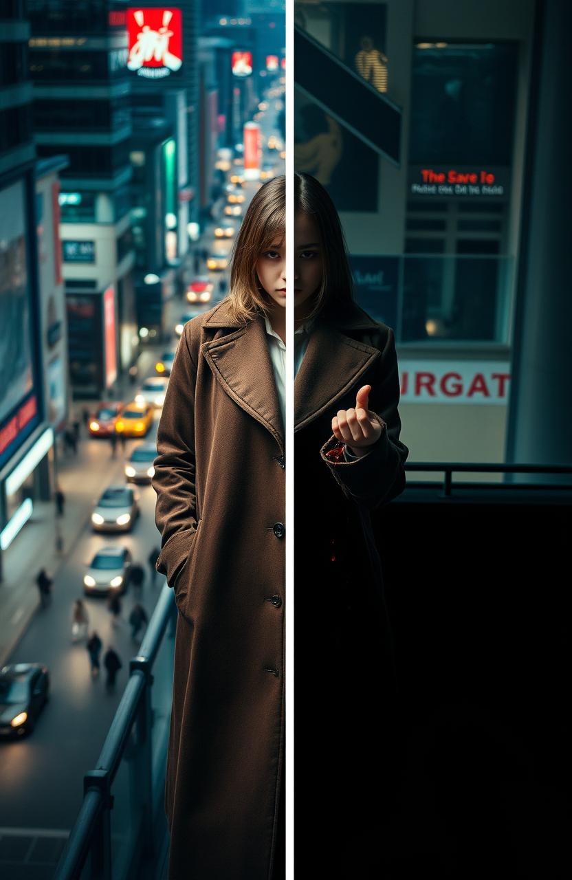 A girl wearing a stylish brown overcoat stands in an intriguing setting