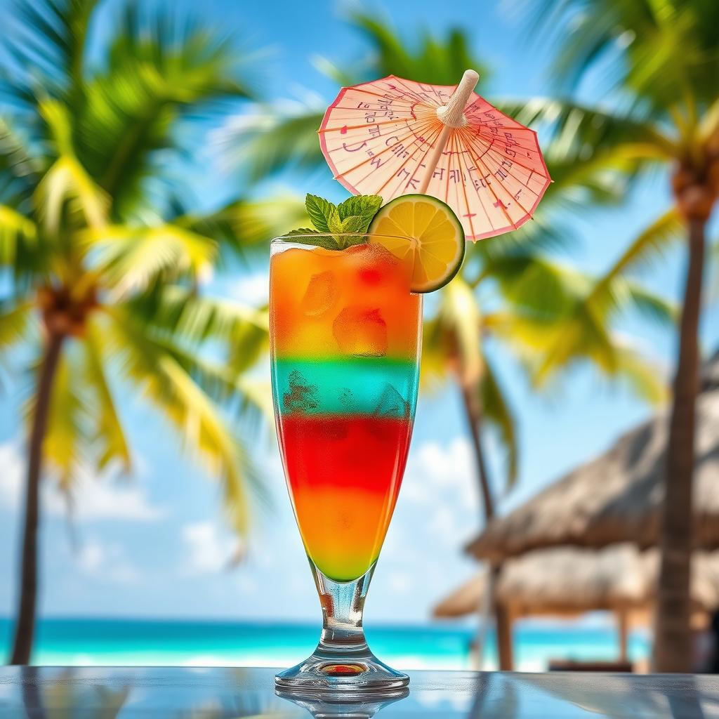 A beautifully crafted glass cocktail, showcasing vibrant layers of colorful liquids including bright red grenadine, orange juice, and blue curaçao, garnished with a slice of fresh lime and a sprig of mint