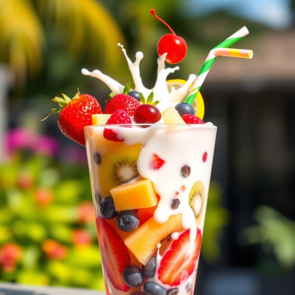 A beautifully arranged glass of fruit cocktail featuring a vibrant mix of fresh fruits such as strawberries, kiwi, pineapple, and blueberries, topped with a generous splash of creamy milk