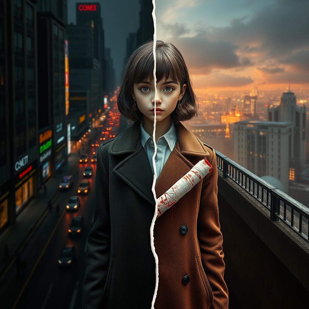 A girl wearing a stylish brown overcoat stands in a captivating scene where half of her body is situated in a vibrant modern world filled with bustling streets and city life, while the other half is positioned on a shadowy terrace in a dark, mysterious realm