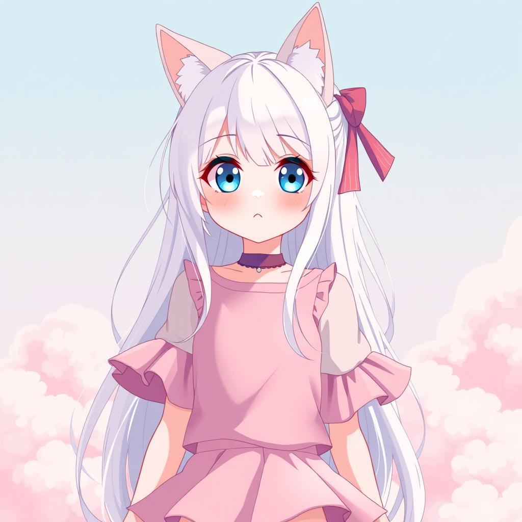 A cute 16-year-old anime girl with long, flowing white hair, tall and slender build