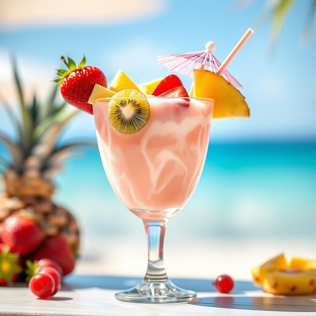 A beautifully arranged cocktail glass filled with a light pink fruit cocktail, adorned with a variety of colorful fruits such as strawberries, kiwi slices, and pineapple chunks