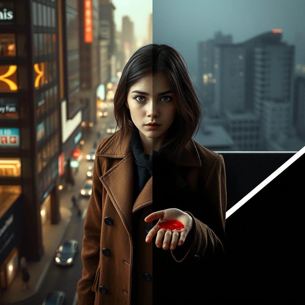 A girl dressed in a stylish brown overcoat is depicted in a compelling scene where half of her body is immersed in a modern urban world illuminated by bright lights, showcasing bustling streets and city life