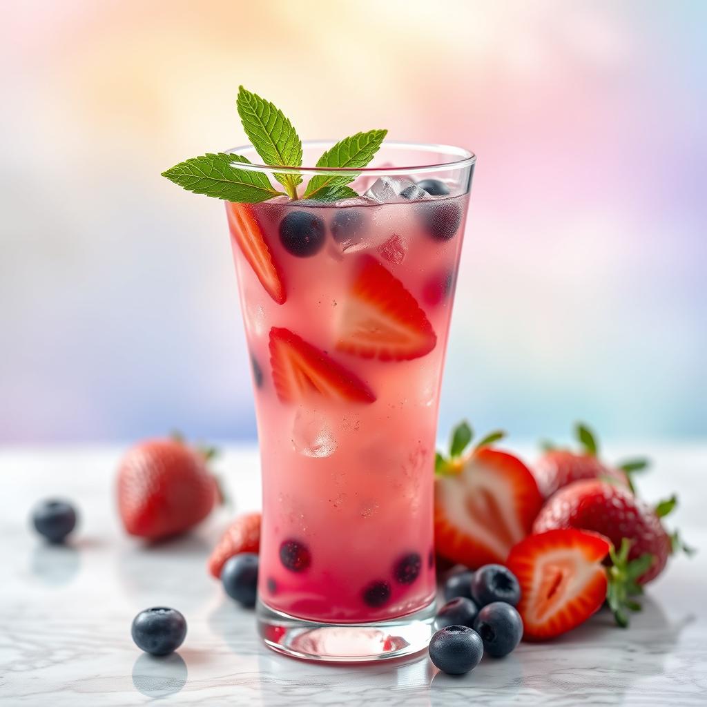 A beautiful cocktail glass filled with a light pink fruit cocktail, blended smoothly with hints of vibrant red and deep purple colors swirling throughout
