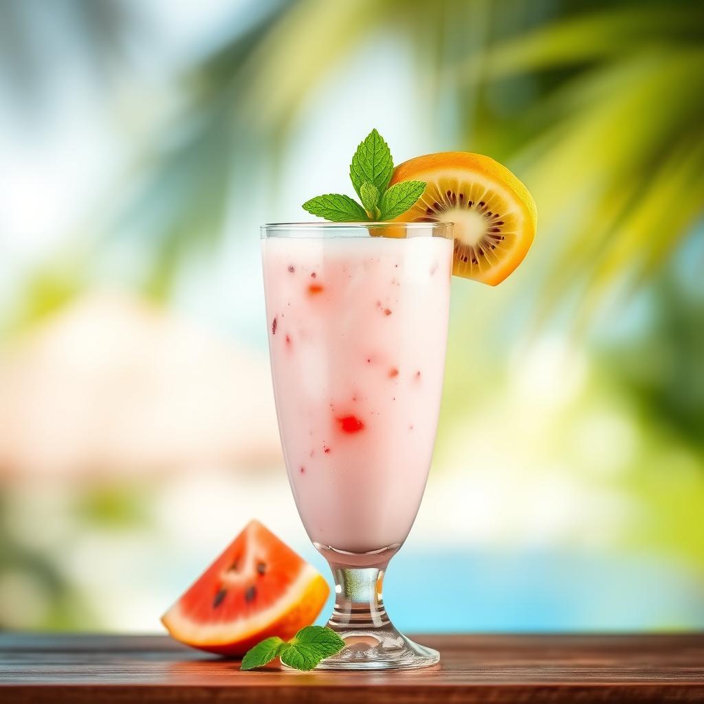 A fresh fruit cocktail blended with milk, presented in a clear glass