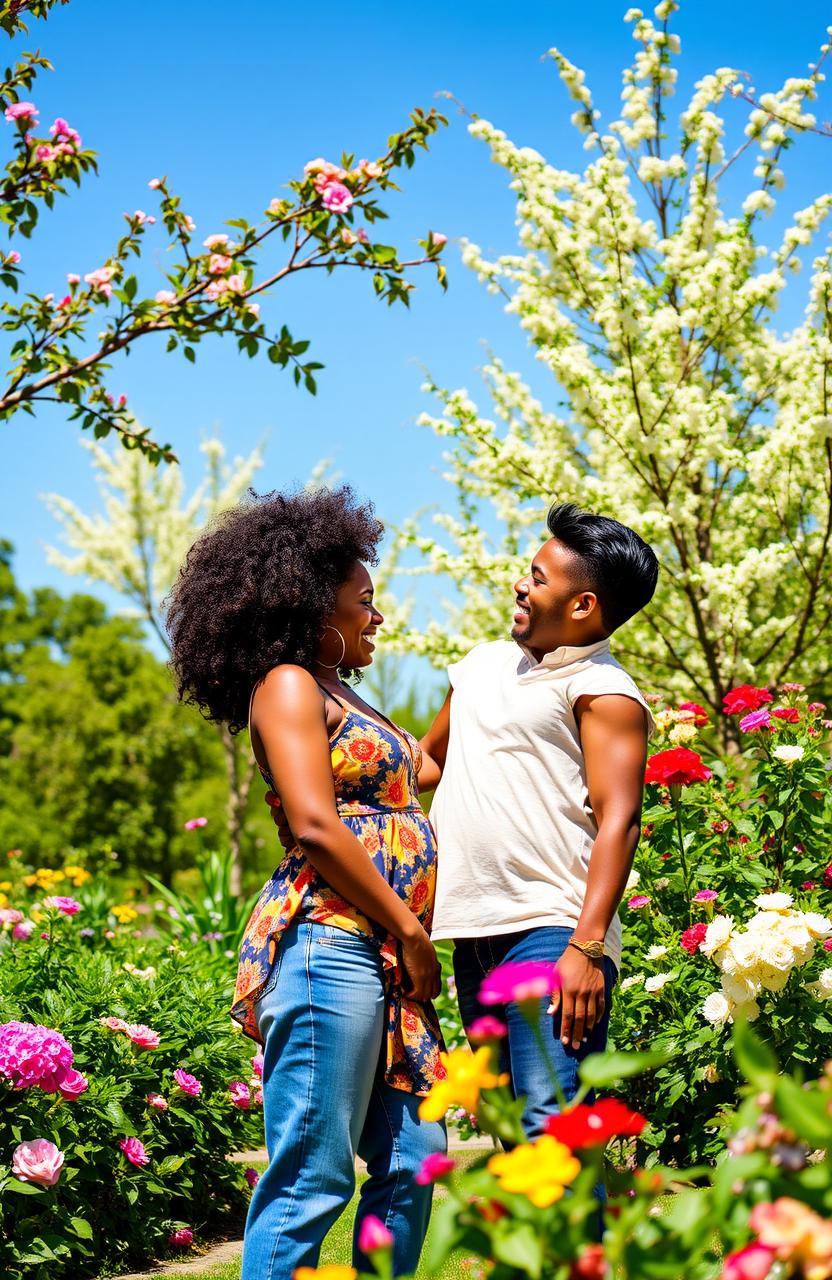 A couple sharing a romantic moment in a vibrant park, with a black girl and a brown boy