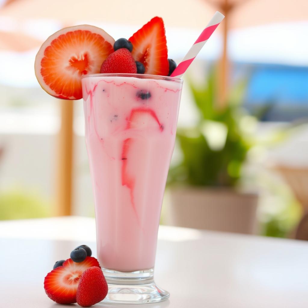 A refreshing mixed fruit cocktail in a tall glass, blended with milk, showcasing a light pink color with swirls of red and purple hues