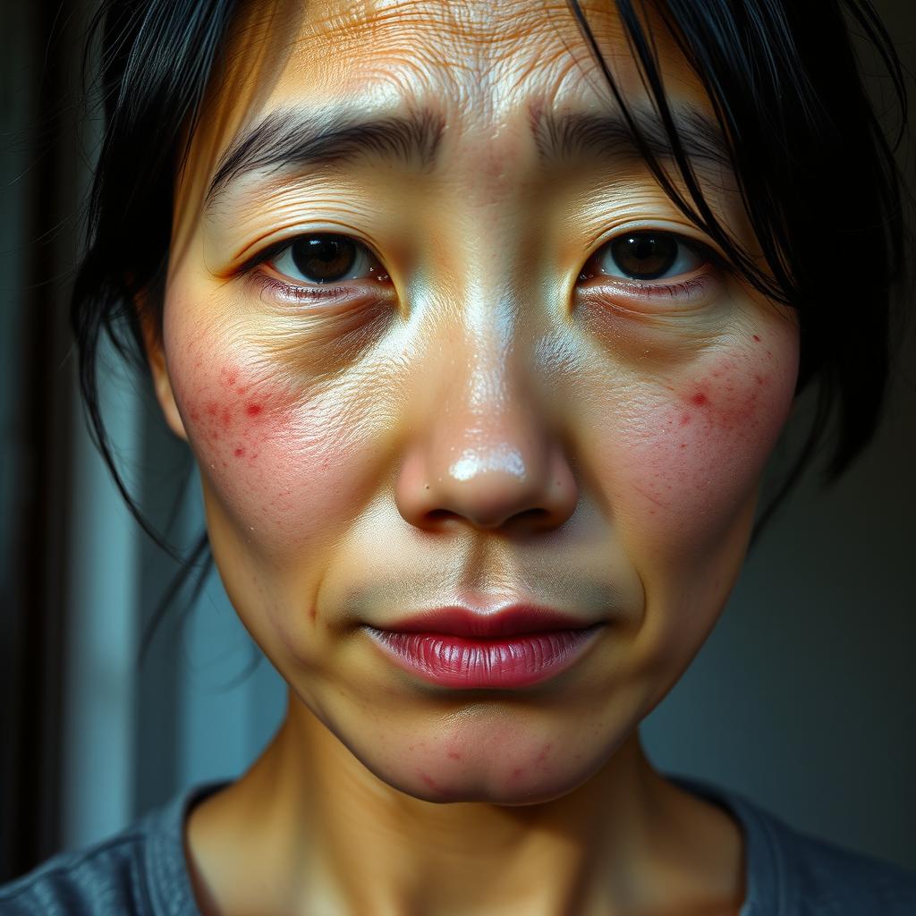 Close-up portrait of an Indonesian woman aged 25-35 years with dull skin and a tired appearance