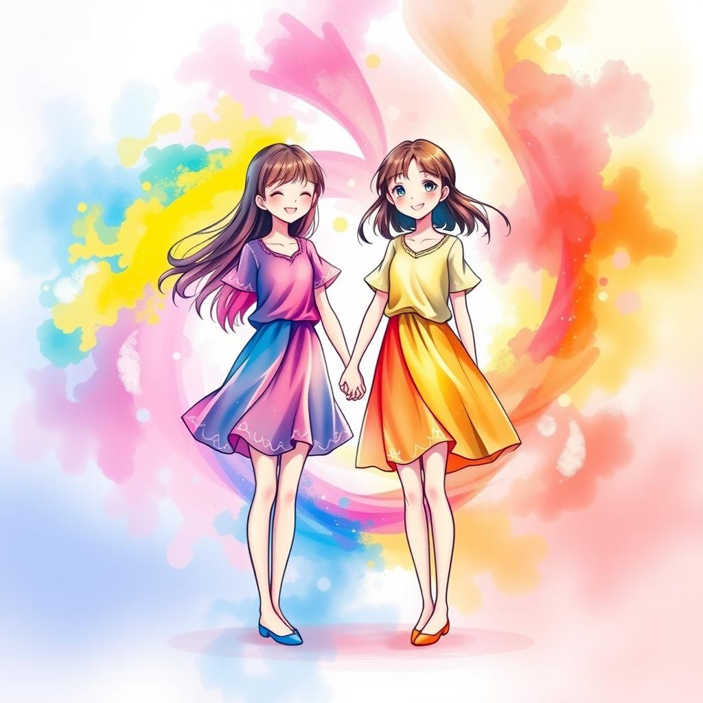 An artistic representation of the theme 'Colors of Connection' featuring two girls standing together, their hands intertwined, surrounded by a vibrant swirl of colors that symbolize unity and friendship