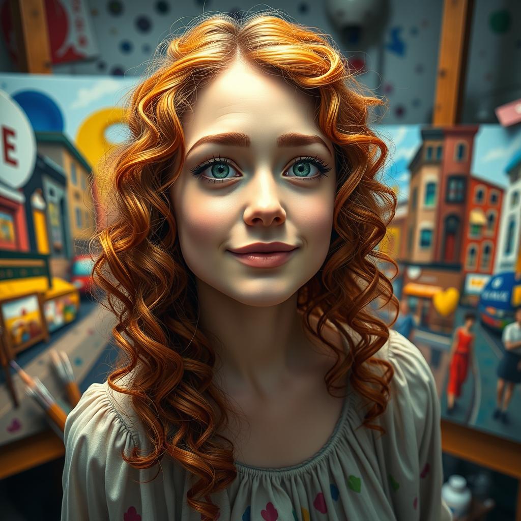 A captivating portrait of Amelia, a free-spirited artist with curly auburn hair cascading around her shoulders, and expressive green eyes that reflect her passion and creativity