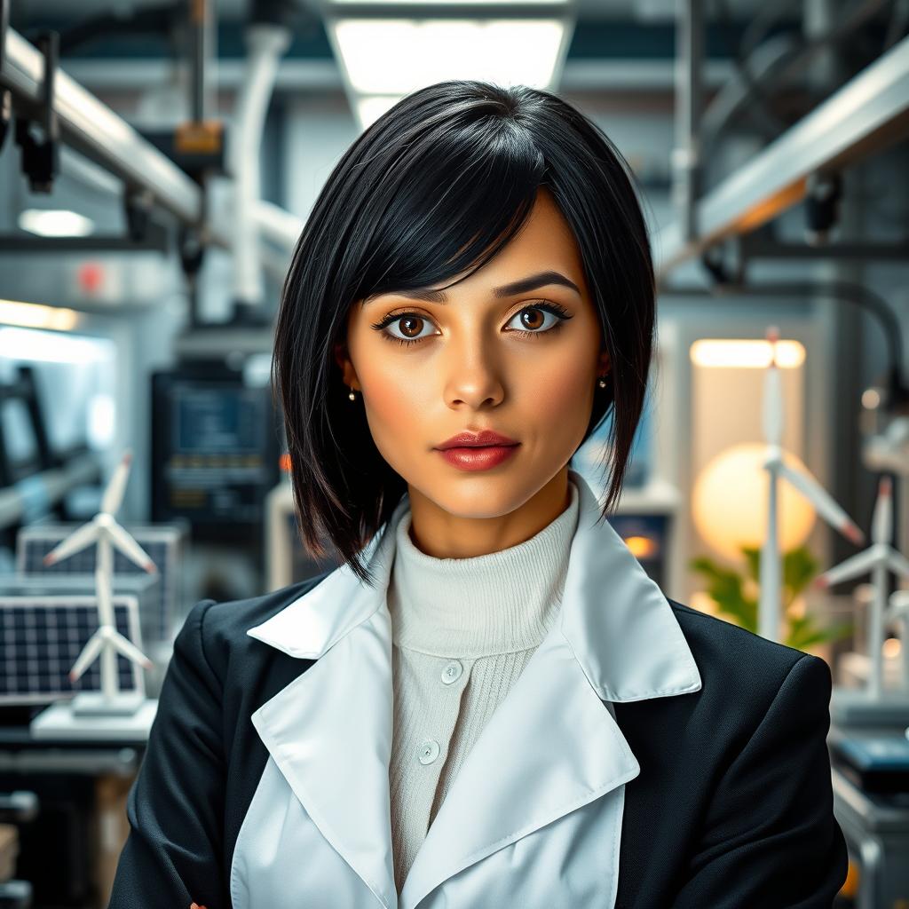 A striking portrait of Lila, a brilliant and ambitious scientist with sleek black hair cut elegantly, and sharp brown eyes that reflect her intelligence and determination