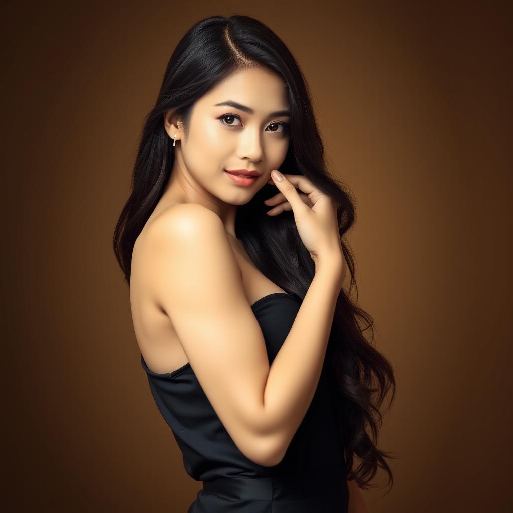 A beautiful Indonesian female model posing elegantly in a half-body portrait, gently touching her face with a graceful expression