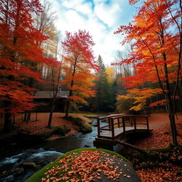A serene forest landscape during autumn, showcasing vibrant orange and red leaves on trees, a calm stream flowing gently through the scene, and soft rays of sunlight penetrating the foliage above