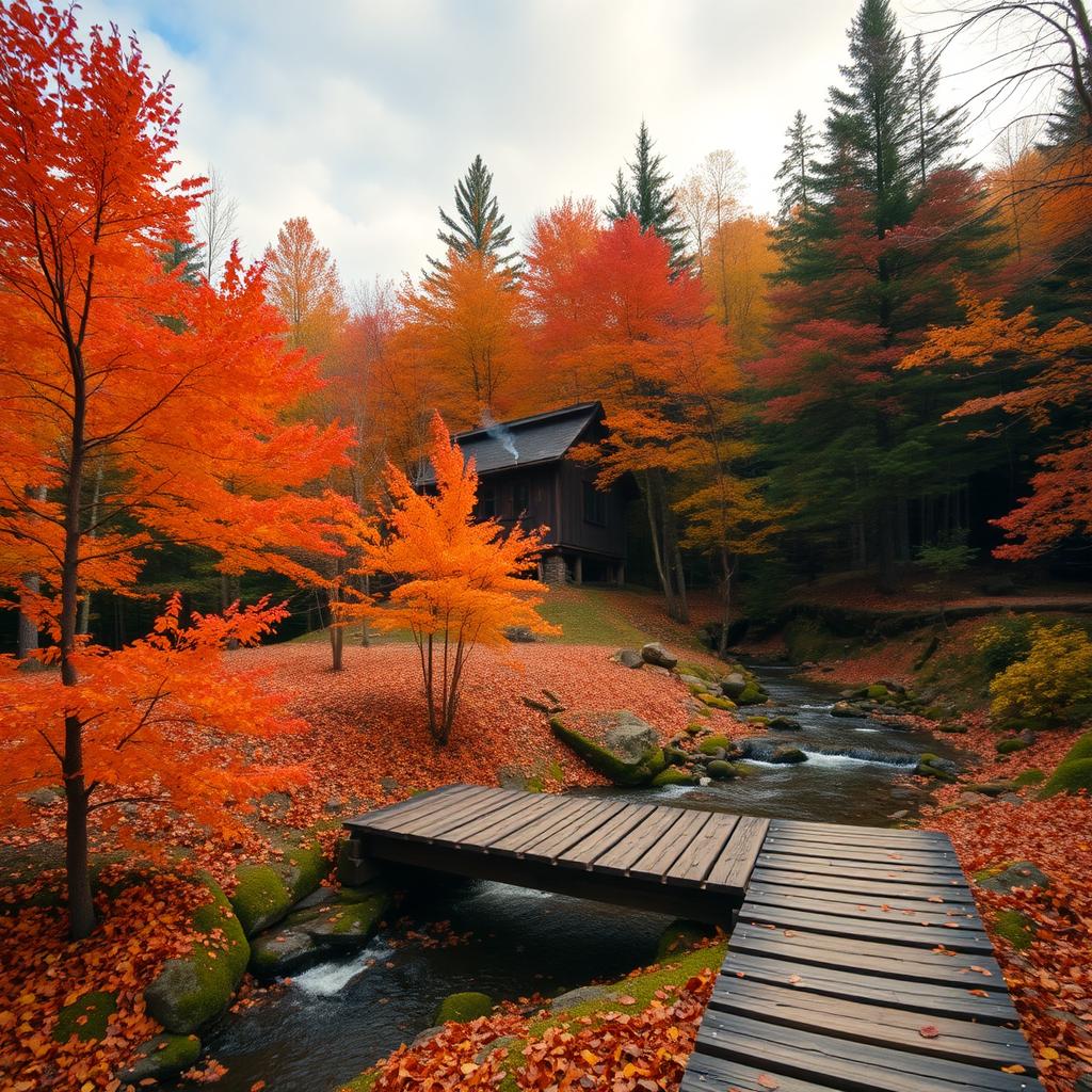 A serene forest landscape during autumn, showcasing vibrant orange and red leaves on trees, a calm stream flowing gently through the scene, and soft rays of sunlight penetrating the foliage above