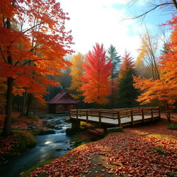 A serene forest landscape during autumn, showcasing vibrant orange and red leaves on trees, a calm stream flowing gently through the scene, and soft rays of sunlight penetrating the foliage above